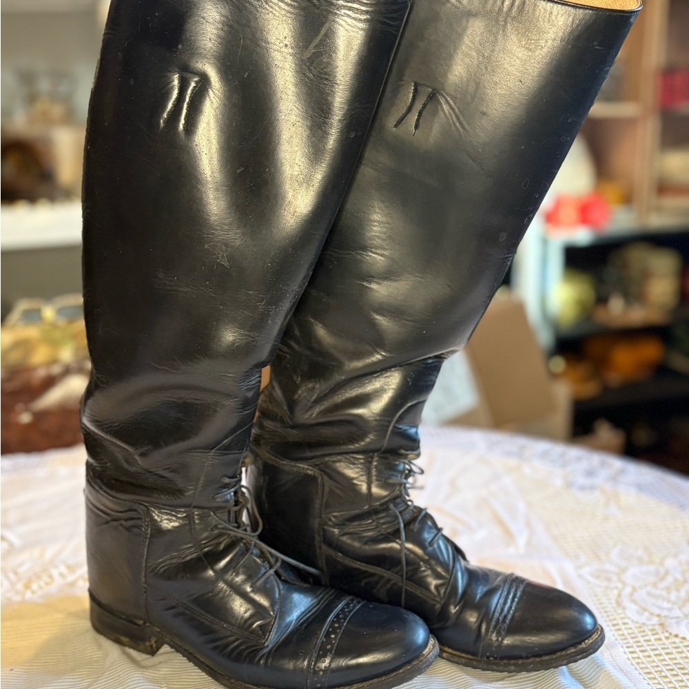 Vintage Tall Black Leather Lace-Up Riding Boots